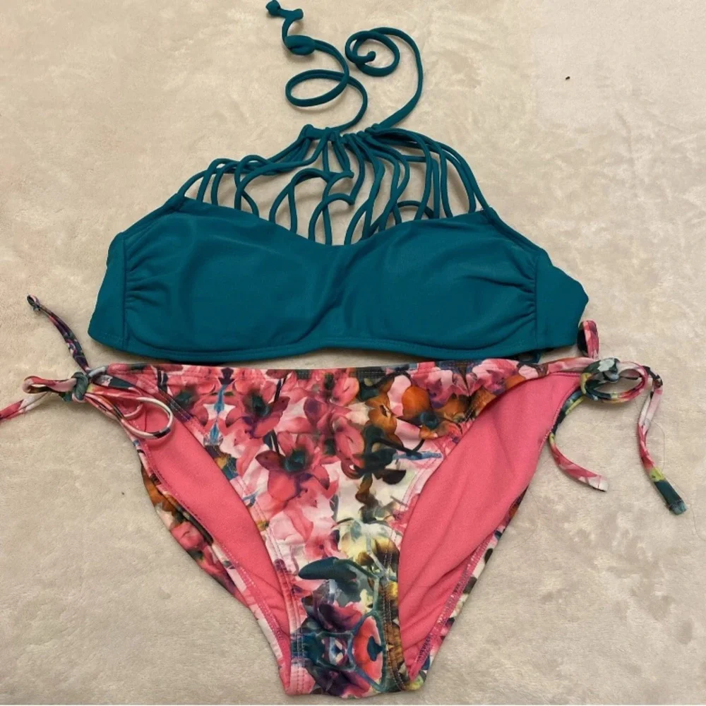 Xhilaration Teal Strappy Bikini with Floral Bottoms